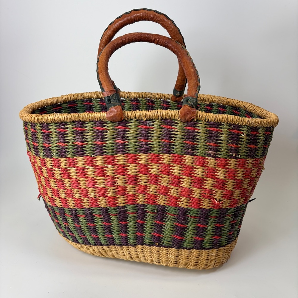 Handmade Bolga Bag Straw &‎ Leather Market Basket Double Handle Natural Large